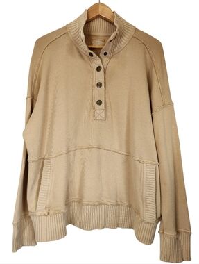 Aerie Quarter Snap Oversized Henley Mockneck Pullover Sweatshirt Sz LG Light Tan